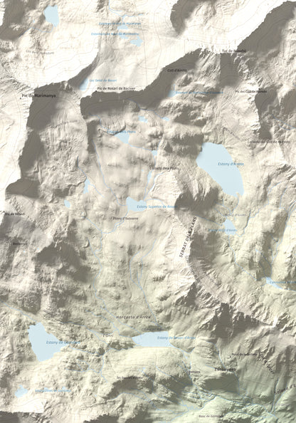 Mapa de relieve de Pic de Moredo, 2766 m, Pallars Sobirà, lámina 100 Cims de Trobart. Detalle de la zona inferior izquierda. 70 × 100 cm.