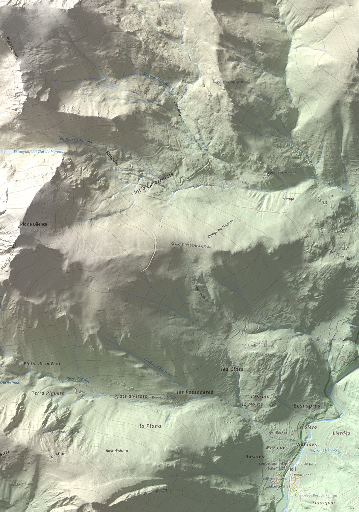 Mapa de relieve de Pic de Moredo, 2766 m, Pallars Sobirà, lámina 100 Cims de Trobart. Detalle de la zona inferior derecha. 70 × 100 cm.