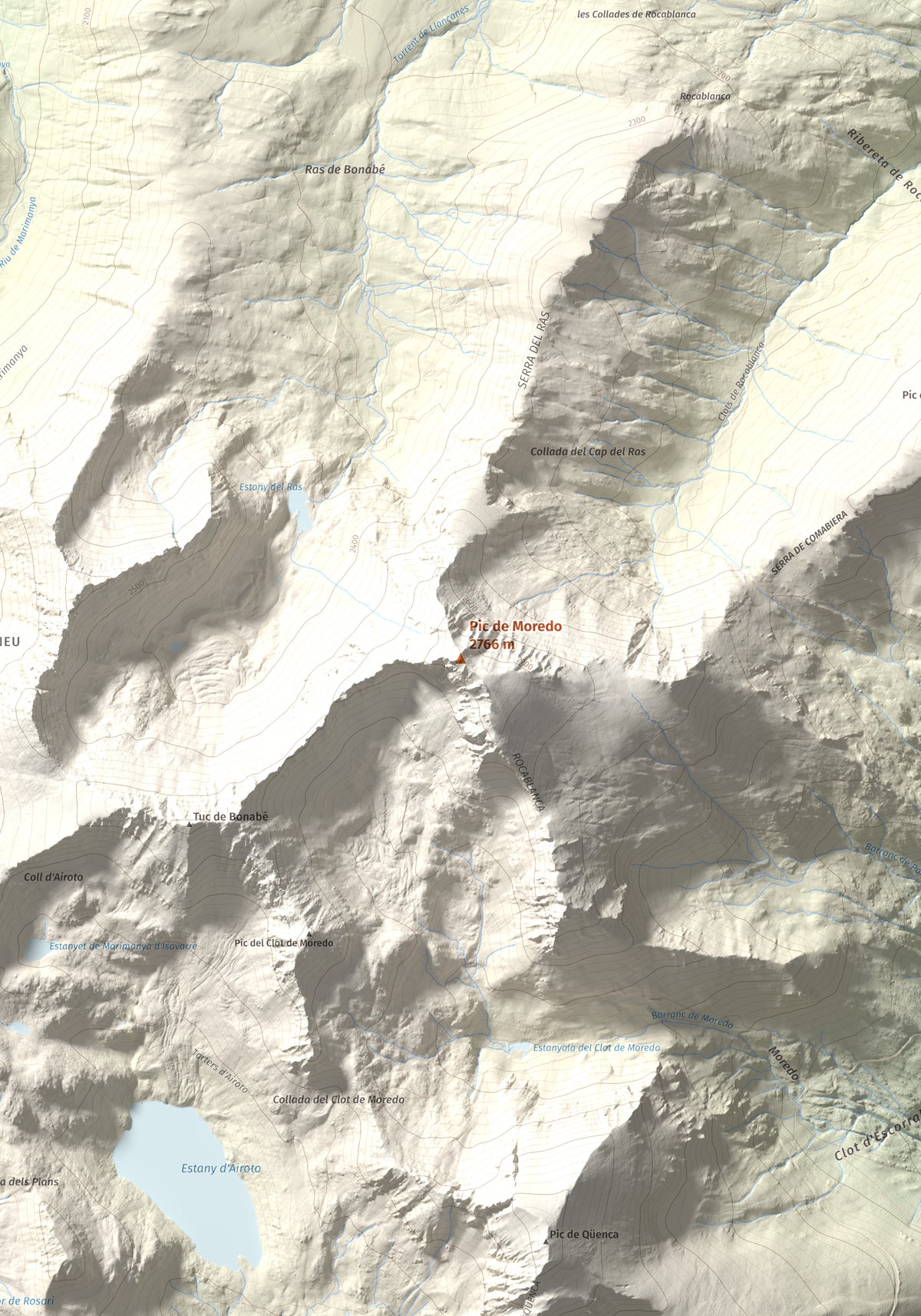 Mapa de relieve de Pic de Moredo, 2766 m, Pallars Sobirà, lámina 100 Cims de Trobart. Detalle de la zona central. 70 × 100 cm.