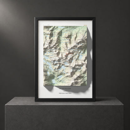 Mapa de relieve de Pic de Peguera, 2983 m, Pallars Jussà · Pallars Sobirà, lámina 100 Cims de Trobart. Presentación enmarcada. 21 × 30 cm.