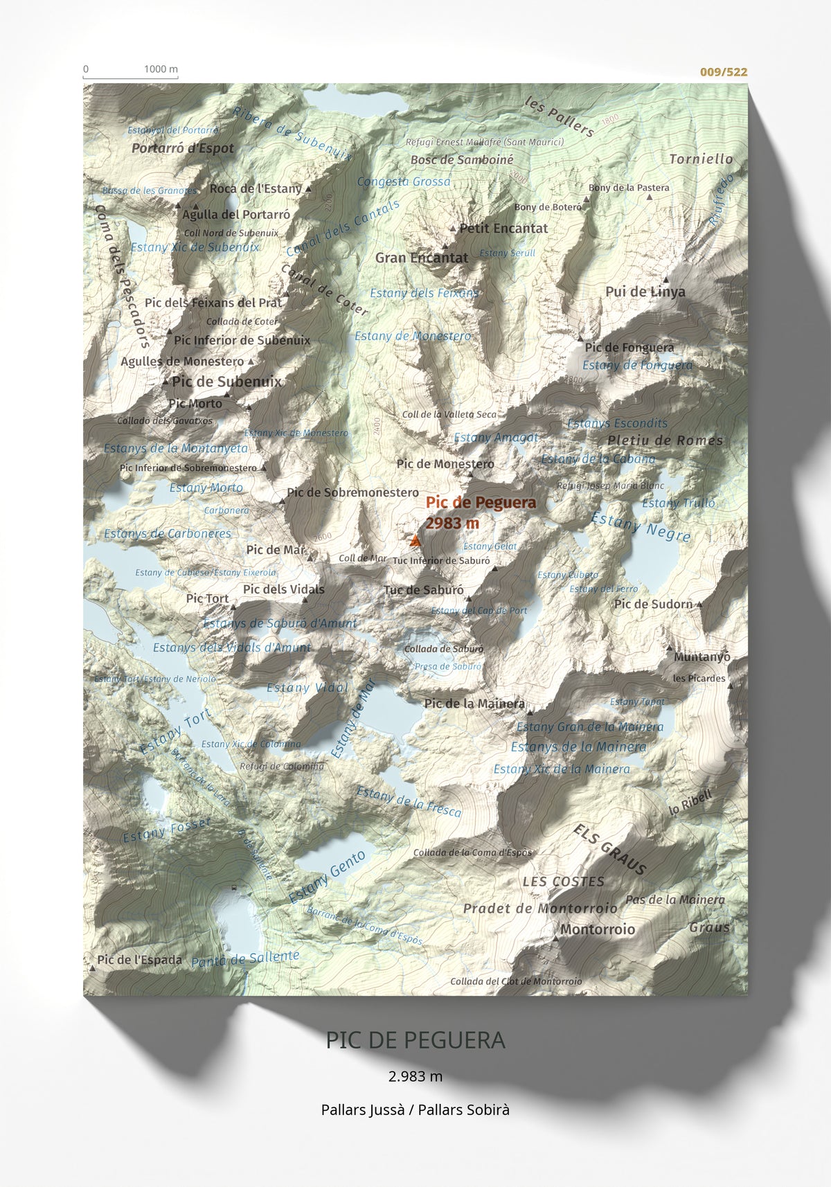Mapa de relieve de Pic de Peguera, 2983 m, Pallars Jussà · Pallars Sobirà, lámina 100 Cims de Trobart 21 × 30 cm.