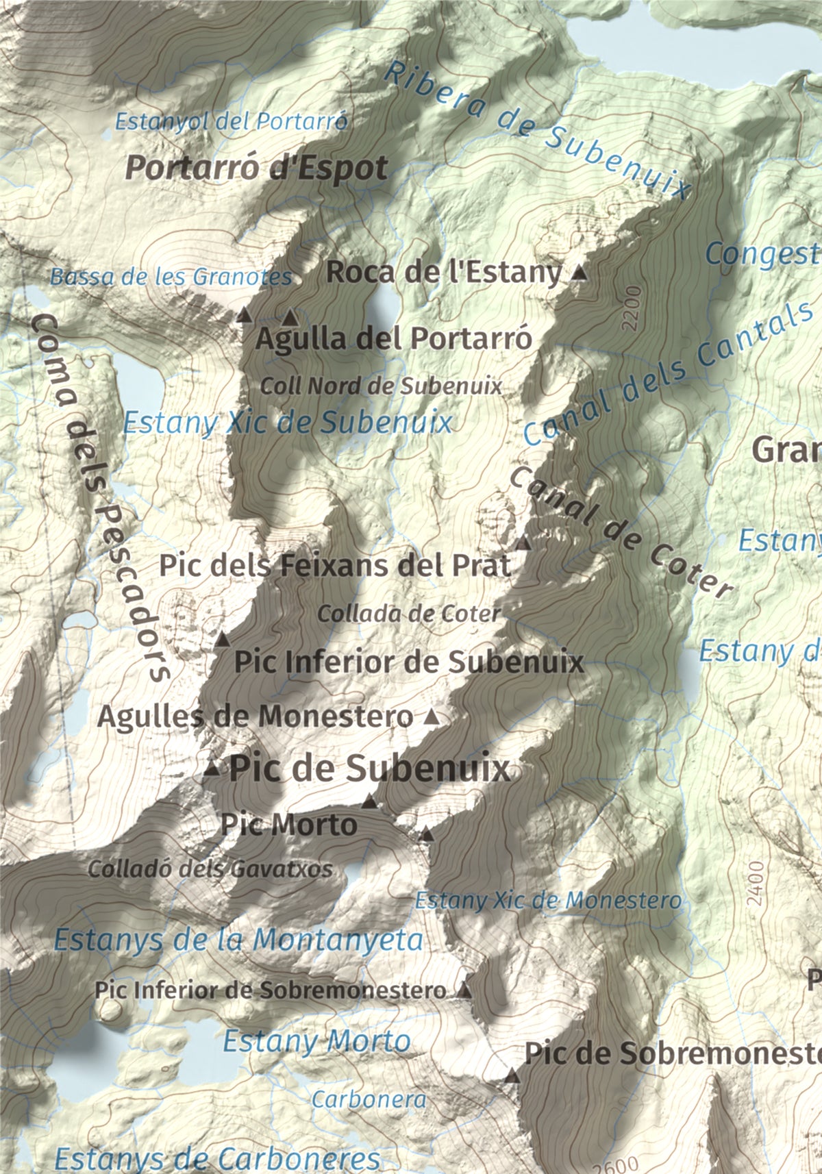 Mapa de relieve de Pic de Peguera, 2983 m, Pallars Jussà · Pallars Sobirà, lámina 100 Cims de Trobart. Detalle de la zona superior izquierda. 21 × 30 cm.