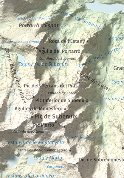 Mapa de relieve de Pic de Peguera, 2983 m, Pallars Jussà · Pallars Sobirà, lámina 100 Cims de Trobart. Detalle de la zona superior izquierda. 21 × 30 cm.