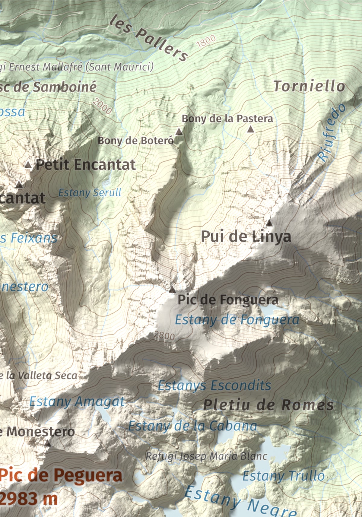 Mapa de relieve de Pic de Peguera, 2983 m, Pallars Jussà · Pallars Sobirà, lámina 100 Cims de Trobart. Detalle de la zona superior derecha. 21 × 30 cm.