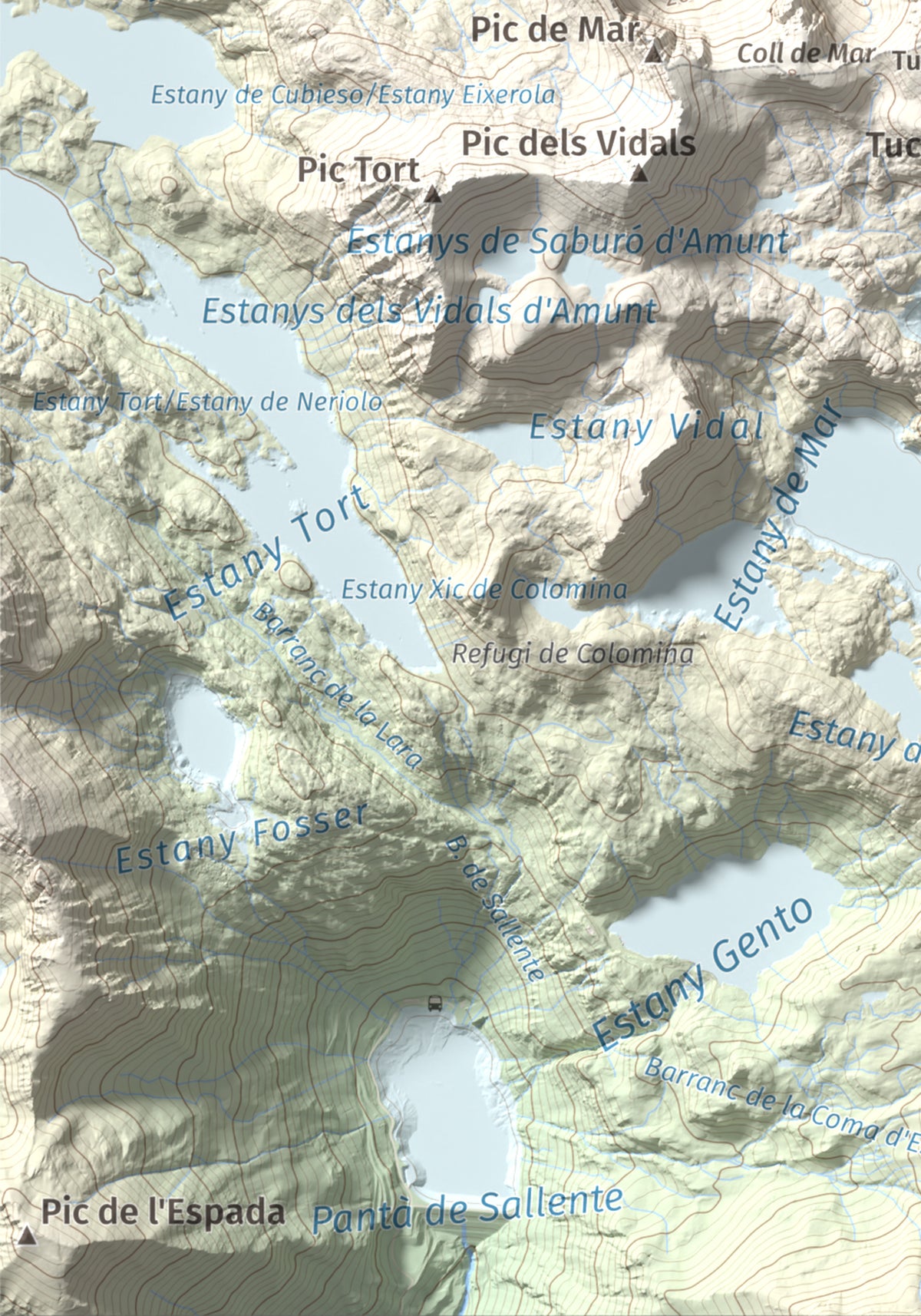 Mapa de relieve de Pic de Peguera, 2983 m, Pallars Jussà · Pallars Sobirà, lámina 100 Cims de Trobart. Detalle de la zona inferior izquierda. 21 × 30 cm.
