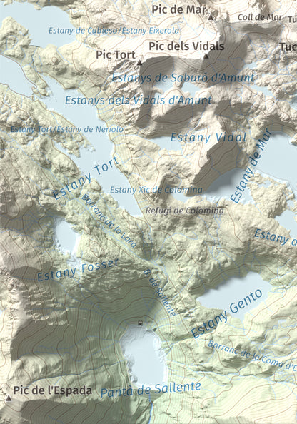 Mapa de relieve de Pic de Peguera, 2983 m, Pallars Jussà · Pallars Sobirà, lámina 100 Cims de Trobart. Detalle de la zona inferior izquierda. 21 × 30 cm.
