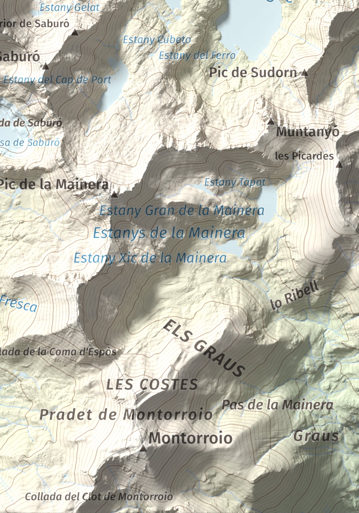 Mapa de relieve de Pic de Peguera, 2983 m, Pallars Jussà · Pallars Sobirà, lámina 100 Cims de Trobart. Detalle de la zona inferior derecha. 21 × 30 cm.