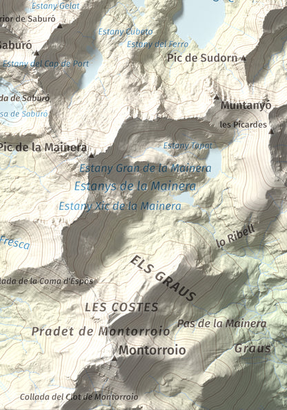 Mapa de relieve de Pic de Peguera, 2983 m, Pallars Jussà · Pallars Sobirà, lámina 100 Cims de Trobart. Detalle de la zona inferior derecha. 21 × 30 cm.