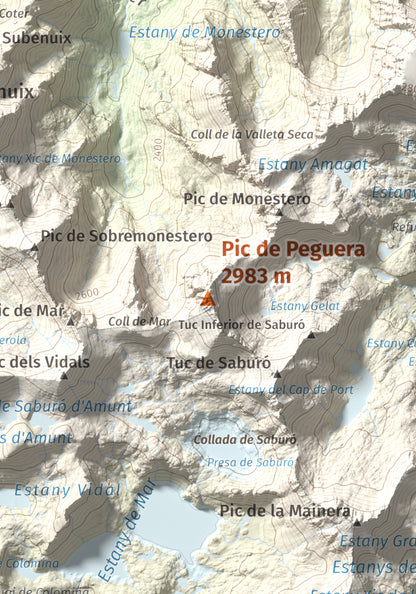 Mapa de relieve de Pic de Peguera, 2983 m, Pallars Jussà · Pallars Sobirà, lámina 100 Cims de Trobart. Detalle de la zona central. 21 × 30 cm.