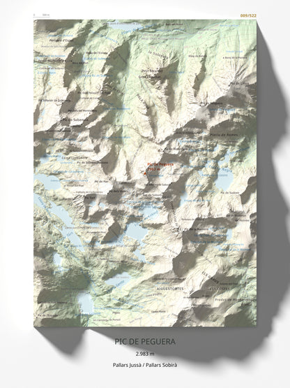 Mapa de relieve de Pic de Peguera, 2983 m, Pallars Jussà · Pallars Sobirà, lámina 100 Cims de Trobart 30 × 40 cm.