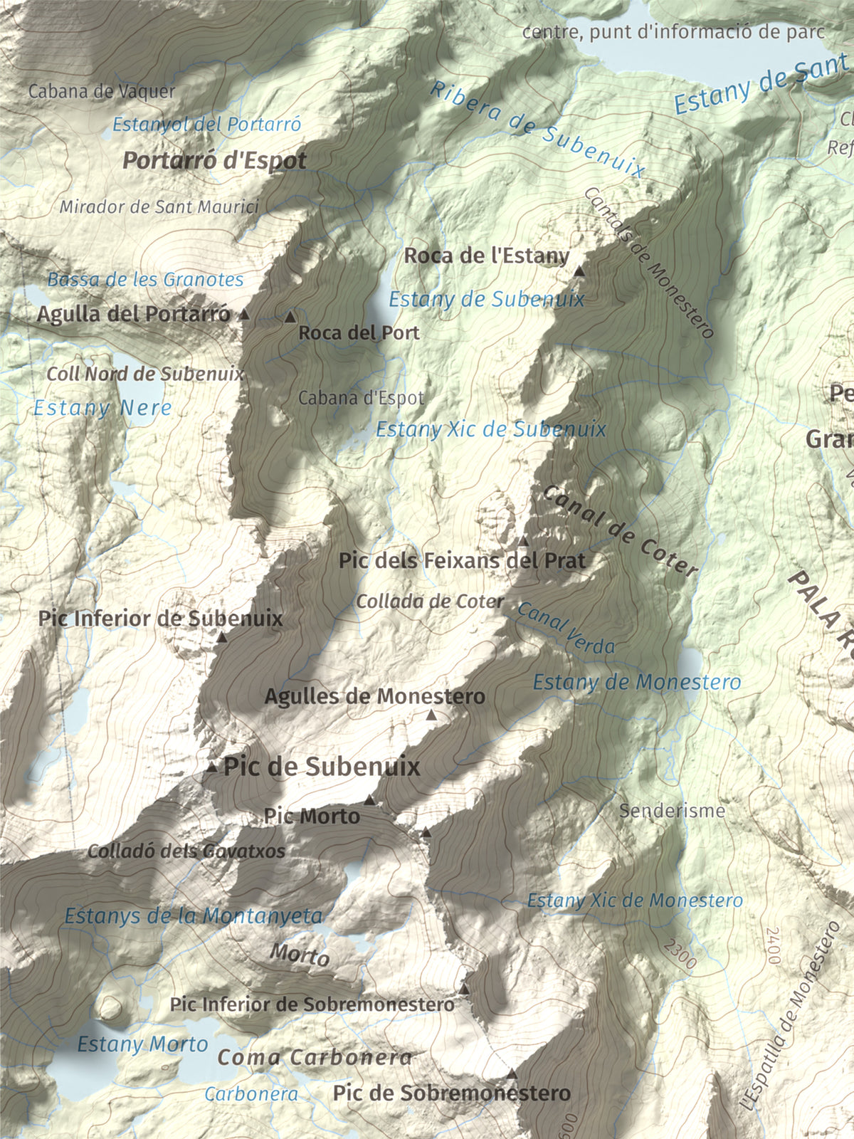 Mapa de relieve de Pic de Peguera, 2983 m, Pallars Jussà · Pallars Sobirà, lámina 100 Cims de Trobart. Detalle de la zona superior izquierda. 30 × 40 cm.