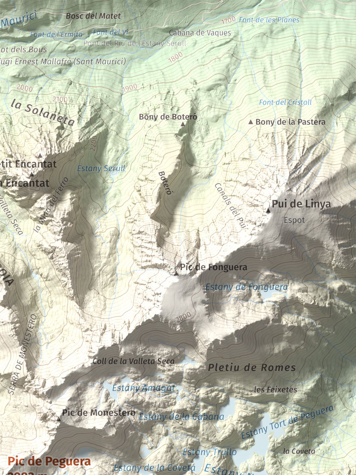 Mapa de relieve de Pic de Peguera, 2983 m, Pallars Jussà · Pallars Sobirà, lámina 100 Cims de Trobart. Detalle de la zona superior derecha. 30 × 40 cm.