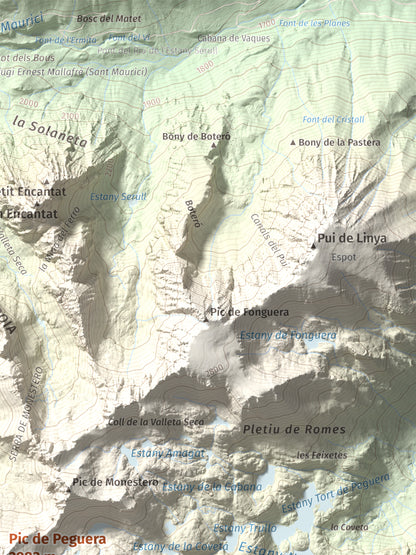 Mapa de relieve de Pic de Peguera, 2983 m, Pallars Jussà · Pallars Sobirà, lámina 100 Cims de Trobart. Detalle de la zona superior derecha. 30 × 40 cm.