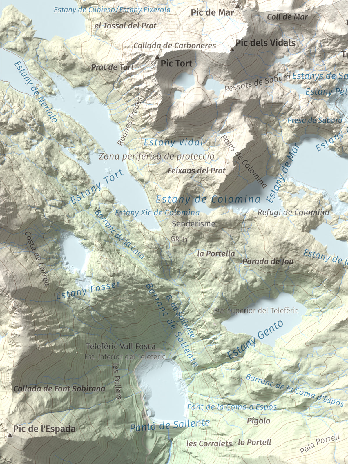 Mapa de relieve de Pic de Peguera, 2983 m, Pallars Jussà · Pallars Sobirà, lámina 100 Cims de Trobart. Detalle de la zona inferior izquierda. 30 × 40 cm.