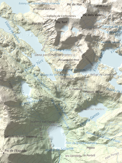 Mapa de relieve de Pic de Peguera, 2983 m, Pallars Jussà · Pallars Sobirà, lámina 100 Cims de Trobart. Detalle de la zona inferior izquierda. 30 × 40 cm.