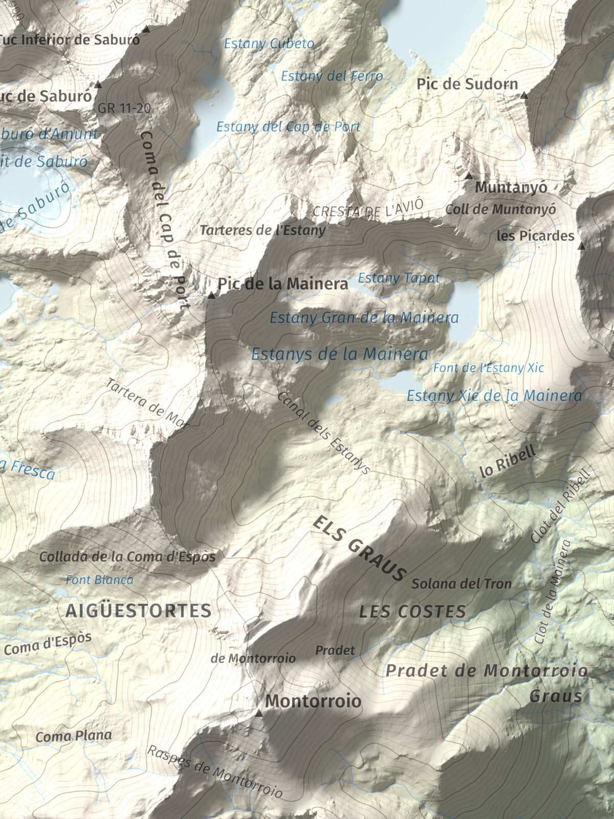 Mapa de relieve de Pic de Peguera, 2983 m, Pallars Jussà · Pallars Sobirà, lámina 100 Cims de Trobart. Detalle de la zona inferior derecha. 30 × 40 cm.