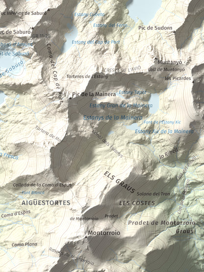 Mapa de relieve de Pic de Peguera, 2983 m, Pallars Jussà · Pallars Sobirà, lámina 100 Cims de Trobart. Detalle de la zona inferior derecha. 30 × 40 cm.
