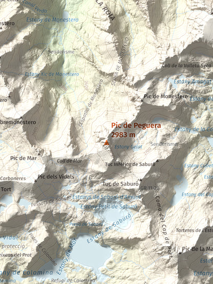 Mapa de relieve de Pic de Peguera, 2983 m, Pallars Jussà · Pallars Sobirà, lámina 100 Cims de Trobart. Detalle de la zona central. 30 × 40 cm.