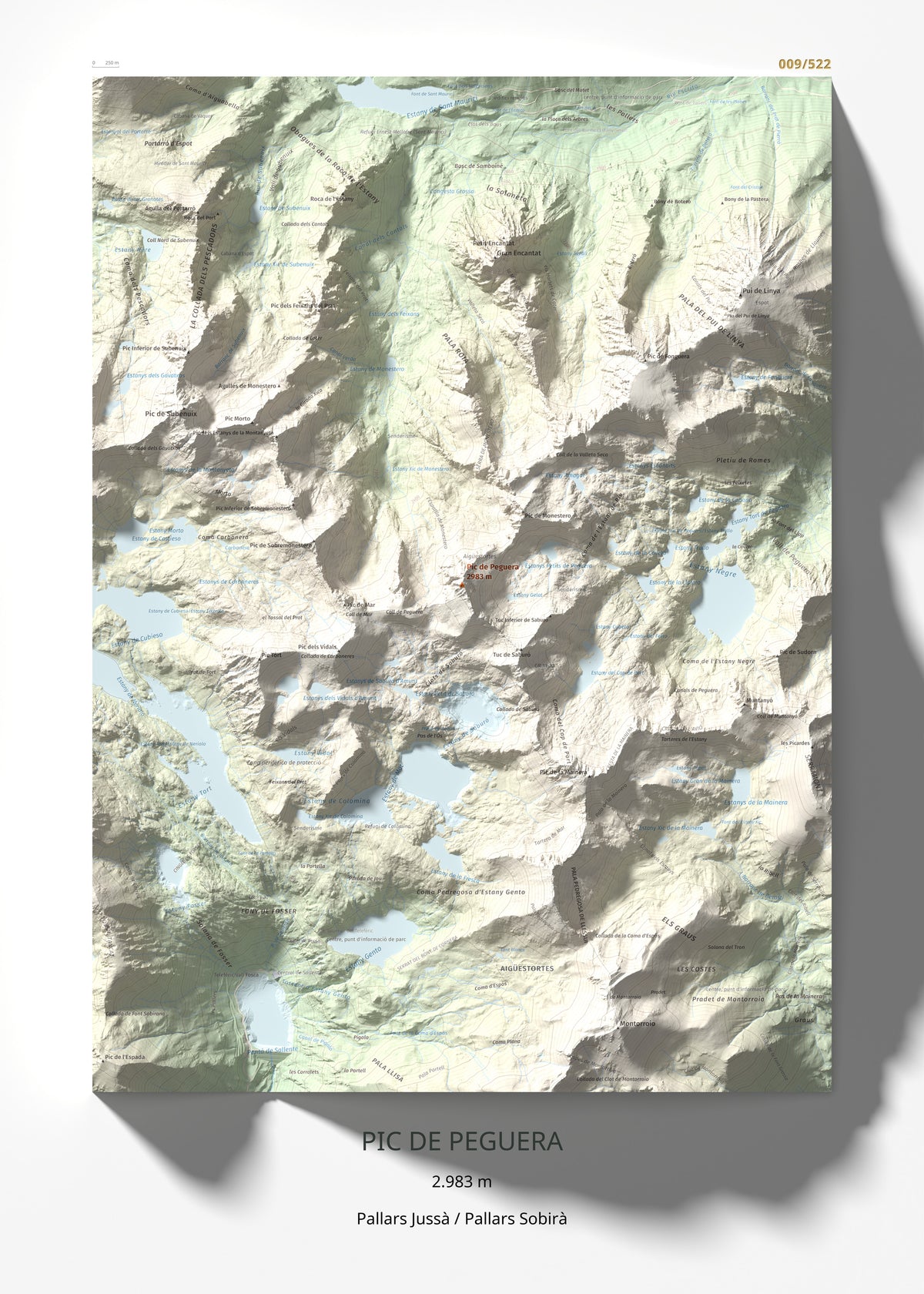 Mapa de relieve de Pic de Peguera, 2983 m, Pallars Jussà · Pallars Sobirà, lámina 100 Cims de Trobart 50 × 70 cm.