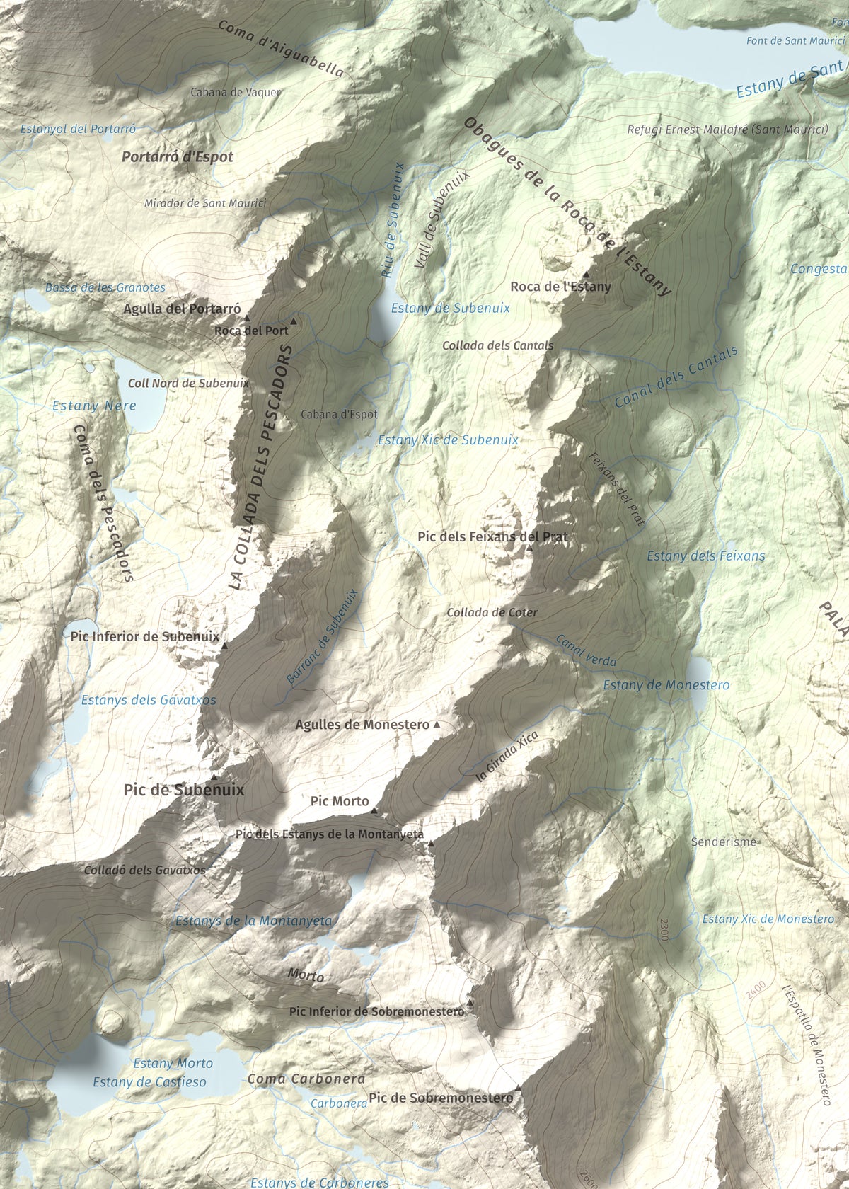 Mapa de relieve de Pic de Peguera, 2983 m, Pallars Jussà · Pallars Sobirà, lámina 100 Cims de Trobart. Detalle de la zona superior izquierda. 50 × 70 cm.