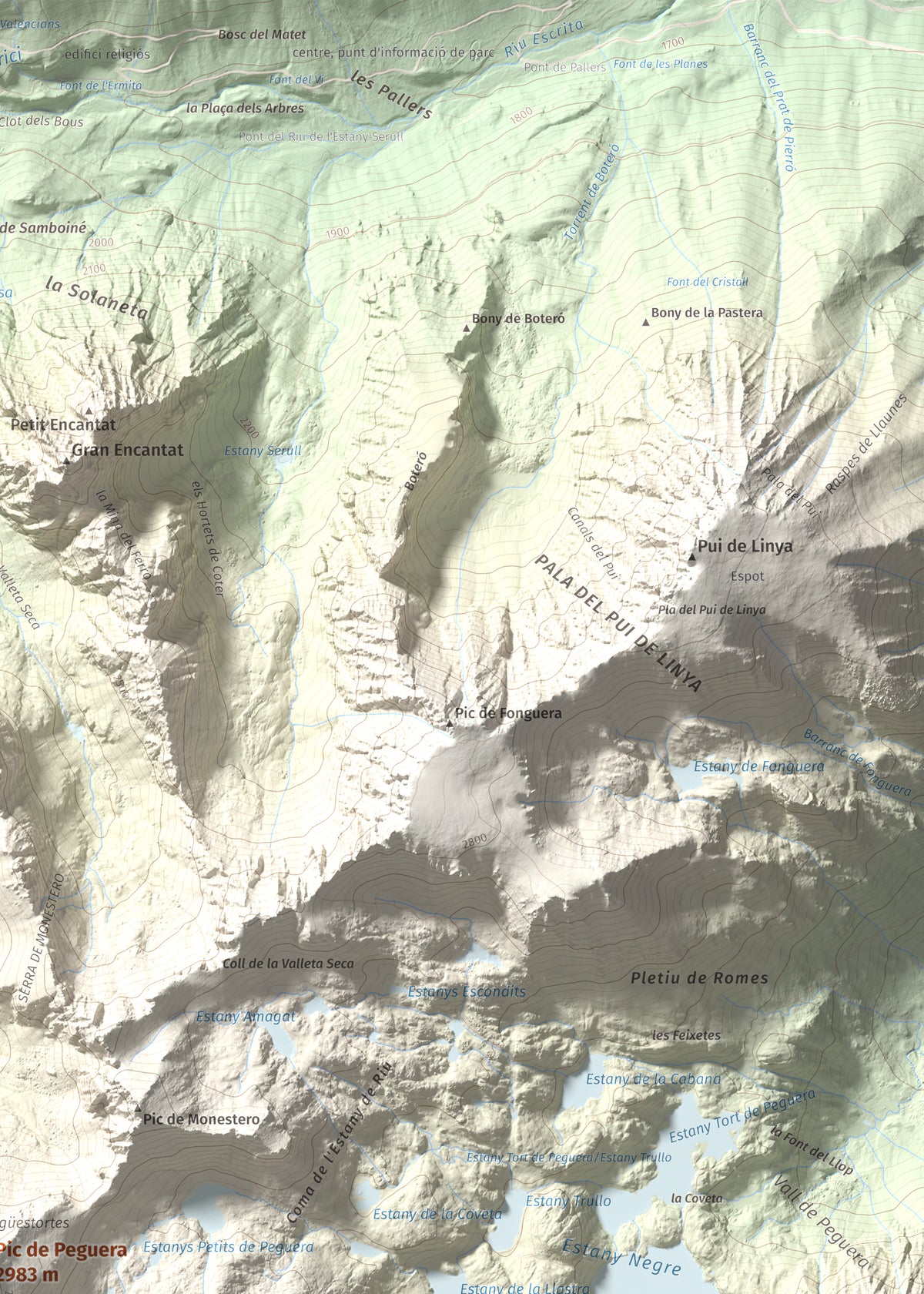 Mapa de relieve de Pic de Peguera, 2983 m, Pallars Jussà · Pallars Sobirà, lámina 100 Cims de Trobart. Detalle de la zona superior derecha. 50 × 70 cm.
