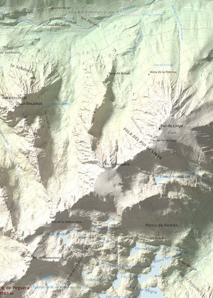 Mapa de relieve de Pic de Peguera, 2983 m, Pallars Jussà · Pallars Sobirà, lámina 100 Cims de Trobart. Detalle de la zona superior derecha. 50 × 70 cm.