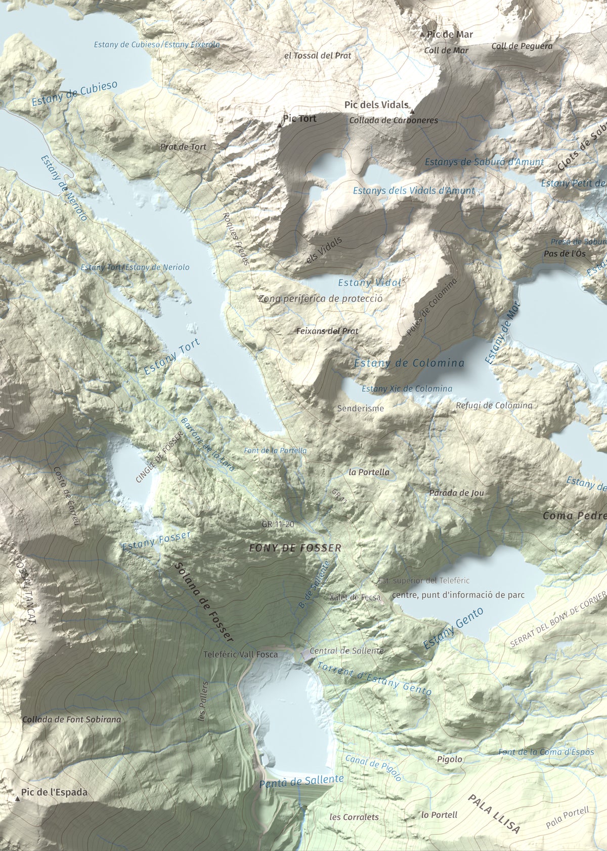 Mapa de relieve de Pic de Peguera, 2983 m, Pallars Jussà · Pallars Sobirà, lámina 100 Cims de Trobart. Detalle de la zona inferior izquierda. 50 × 70 cm.