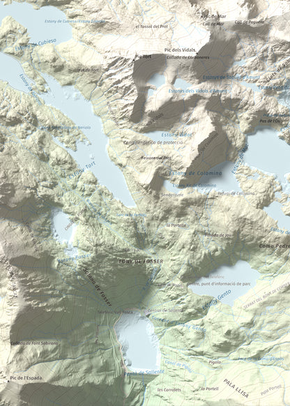 Mapa de relieve de Pic de Peguera, 2983 m, Pallars Jussà · Pallars Sobirà, lámina 100 Cims de Trobart. Detalle de la zona inferior izquierda. 50 × 70 cm.