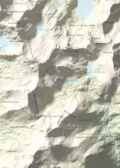 Mapa de relieve de Pic de Peguera, 2983 m, Pallars Jussà · Pallars Sobirà, lámina 100 Cims de Trobart. Detalle de la zona inferior derecha. 50 × 70 cm.