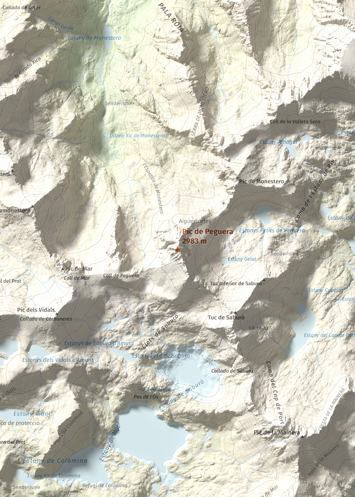Mapa de relieve de Pic de Peguera, 2983 m, Pallars Jussà · Pallars Sobirà, lámina 100 Cims de Trobart. Detalle de la zona central. 50 × 70 cm.
