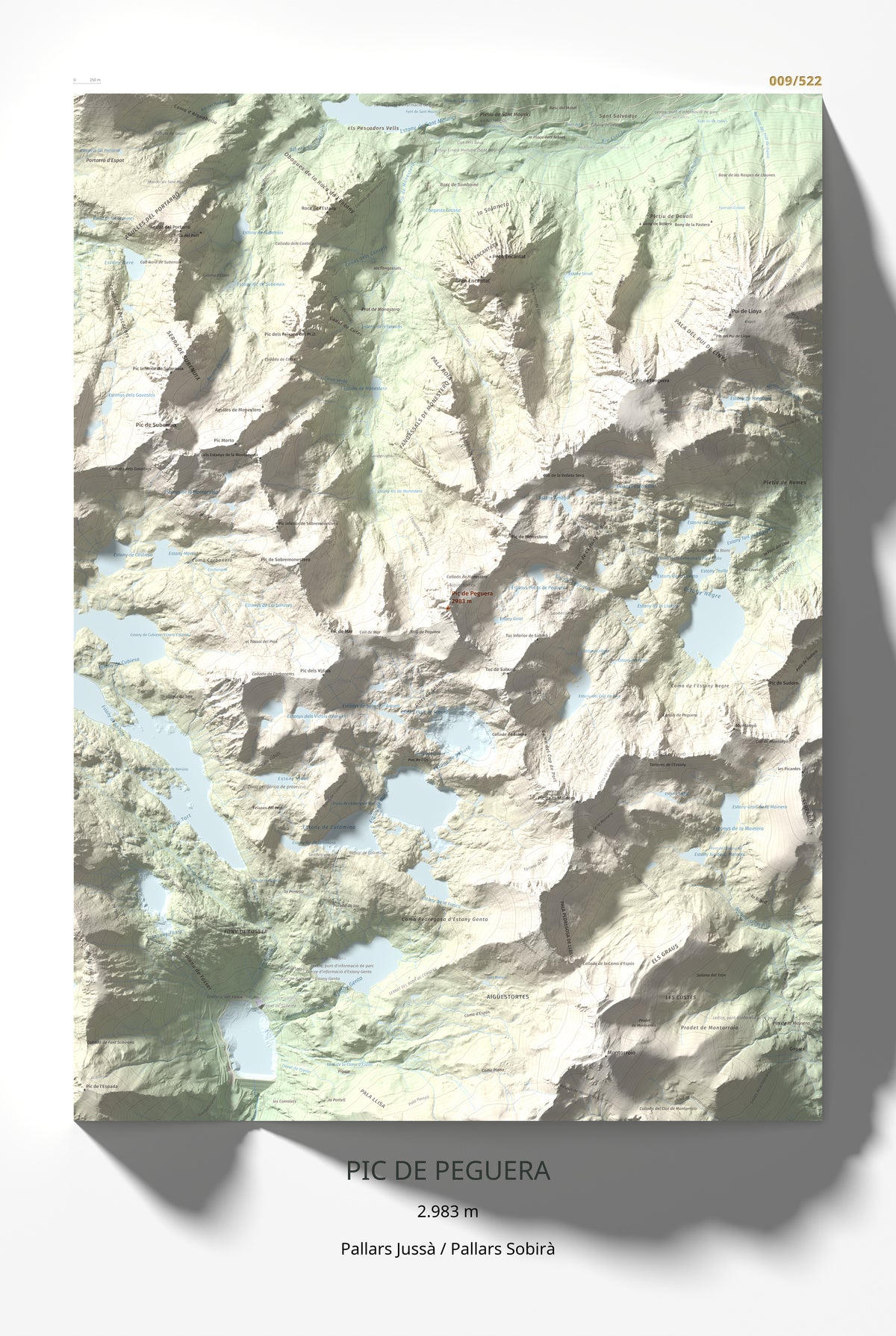 Mapa de relieve de Pic de Peguera, 2983 m, Pallars Jussà · Pallars Sobirà, lámina 100 Cims de Trobart 61 × 91 cm.