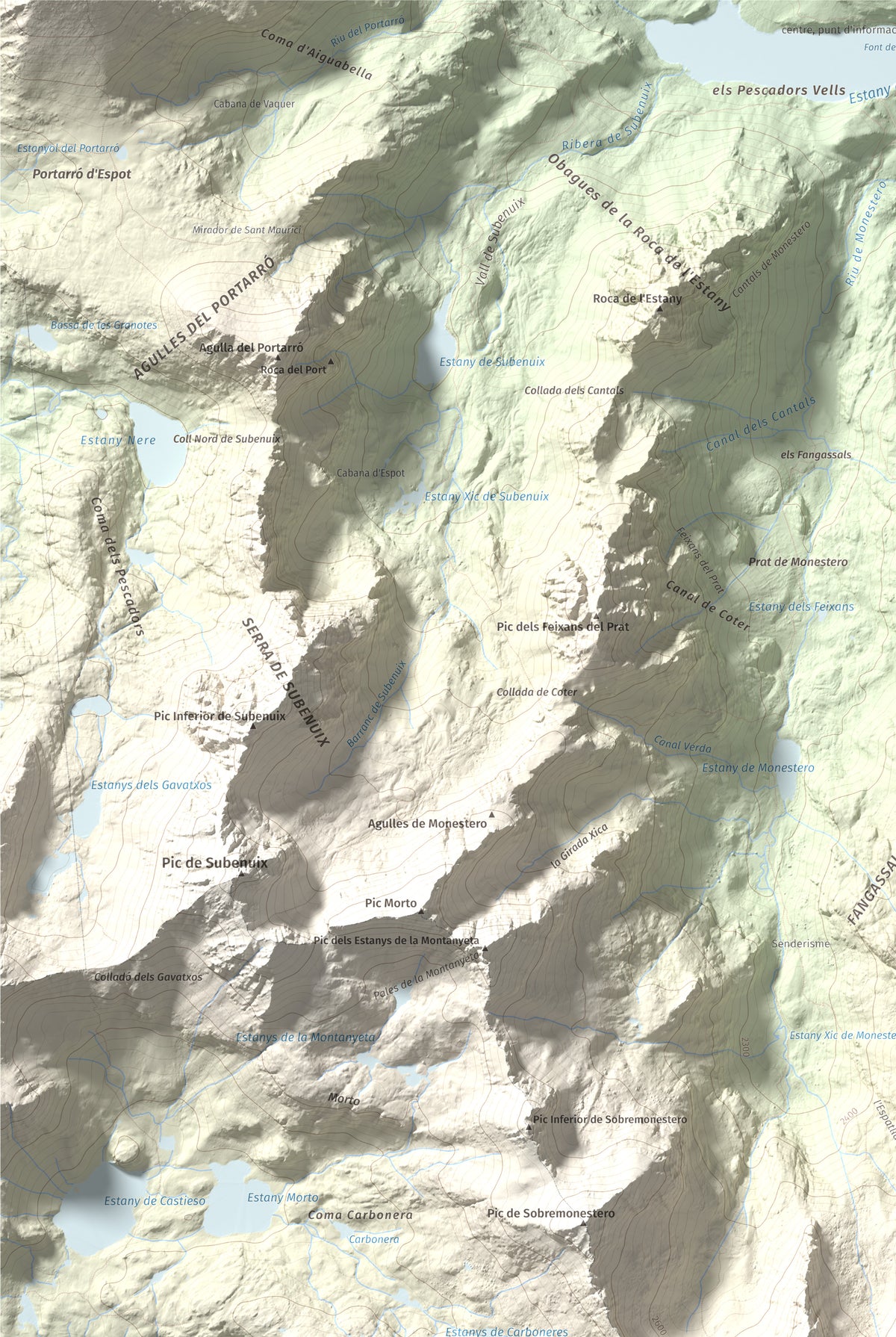 Mapa de relieve de Pic de Peguera, 2983 m, Pallars Jussà · Pallars Sobirà, lámina 100 Cims de Trobart. Detalle de la zona superior izquierda. 61 × 91 cm.