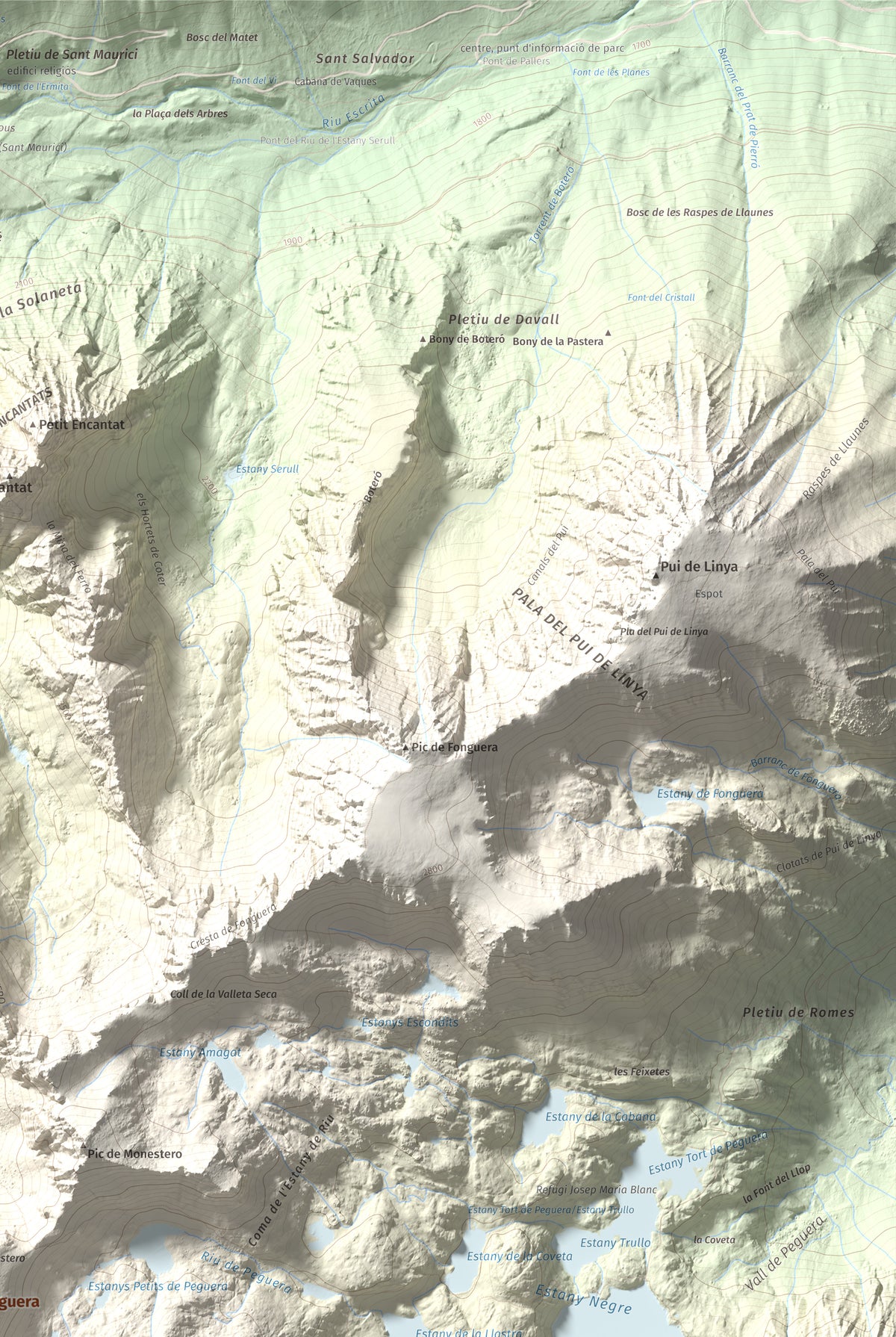 Mapa de relieve de Pic de Peguera, 2983 m, Pallars Jussà · Pallars Sobirà, lámina 100 Cims de Trobart. Detalle de la zona superior derecha. 61 × 91 cm.