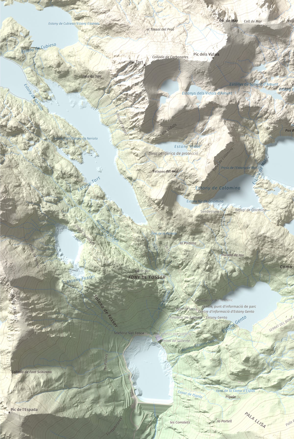 Mapa de relieve de Pic de Peguera, 2983 m, Pallars Jussà · Pallars Sobirà, lámina 100 Cims de Trobart. Detalle de la zona inferior izquierda. 61 × 91 cm.