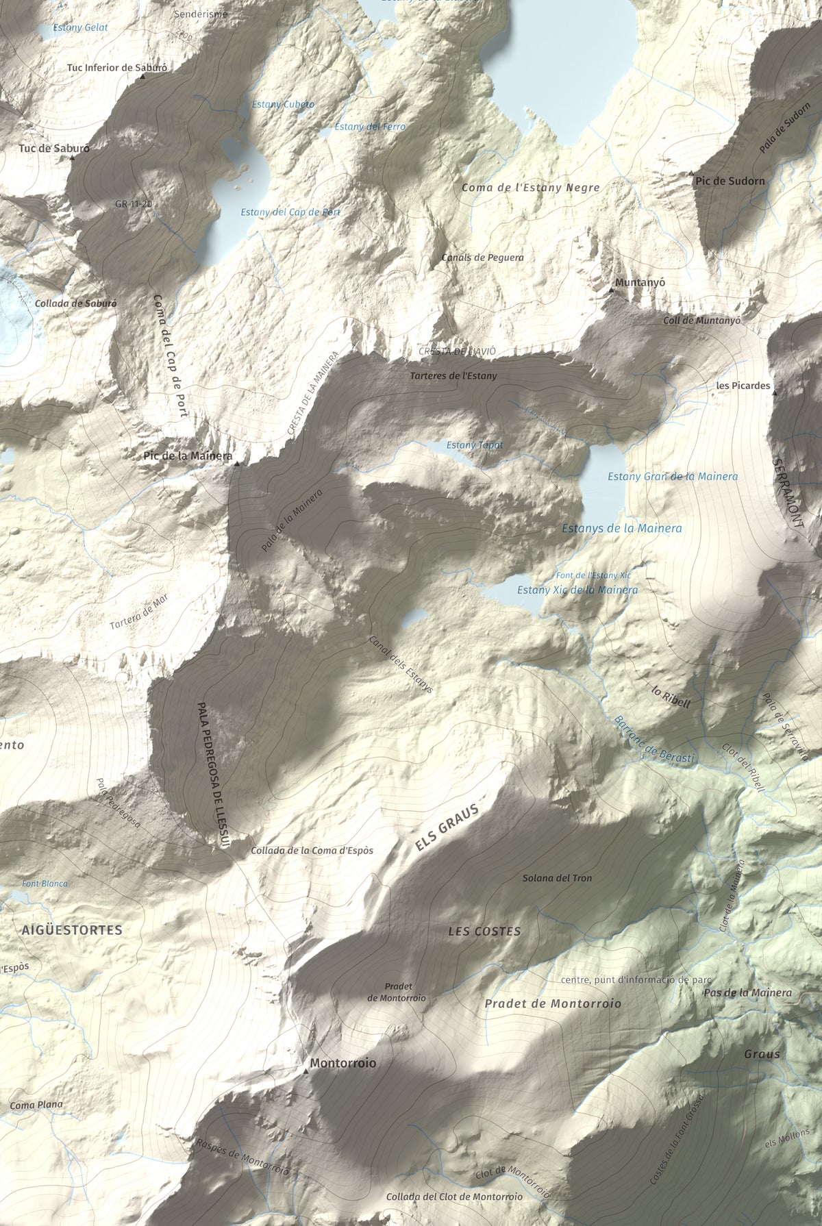 Mapa de relieve de Pic de Peguera, 2983 m, Pallars Jussà · Pallars Sobirà, lámina 100 Cims de Trobart. Detalle de la zona inferior derecha. 61 × 91 cm.