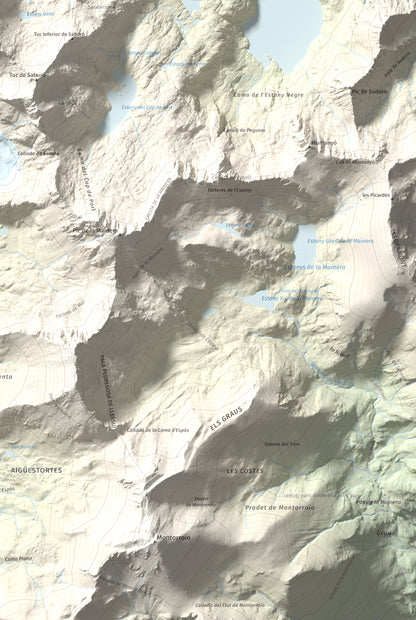 Mapa de relieve de Pic de Peguera, 2983 m, Pallars Jussà · Pallars Sobirà, lámina 100 Cims de Trobart. Detalle de la zona inferior derecha. 61 × 91 cm.