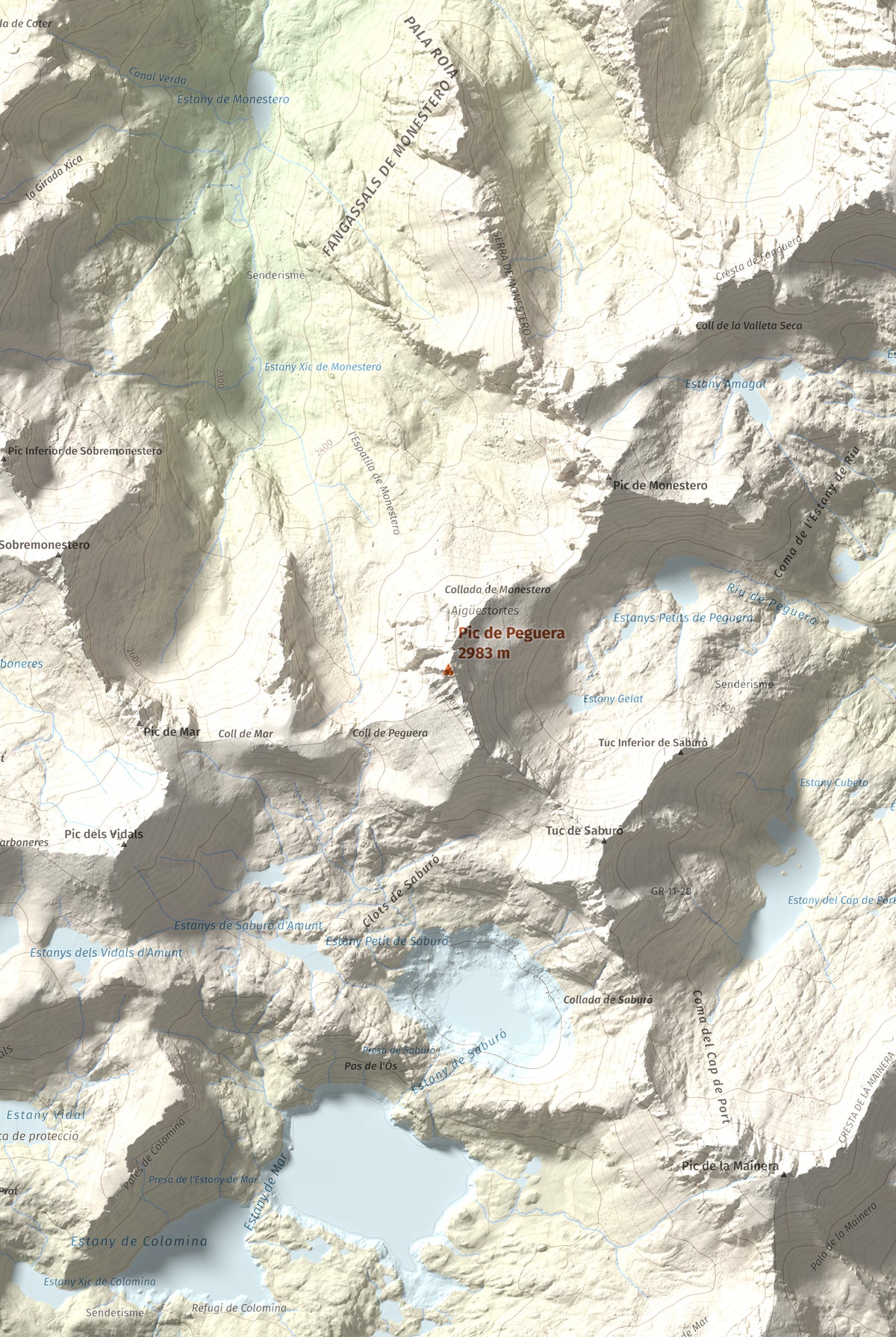 Mapa de relieve de Pic de Peguera, 2983 m, Pallars Jussà · Pallars Sobirà, lámina 100 Cims de Trobart. Detalle de la zona central. 61 × 91 cm.