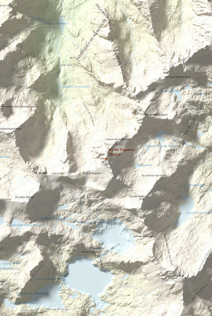 Mapa de relieve de Pic de Peguera, 2983 m, Pallars Jussà · Pallars Sobirà, lámina 100 Cims de Trobart. Detalle de la zona central. 61 × 91 cm.