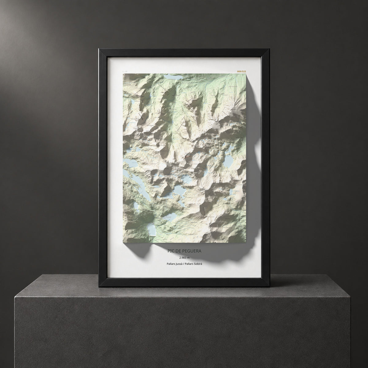 Mapa de relieve de Pic de Peguera, 2983 m, Pallars Jussà · Pallars Sobirà, lámina 100 Cims de Trobart. Presentación enmarcada. 70 × 100 cm.