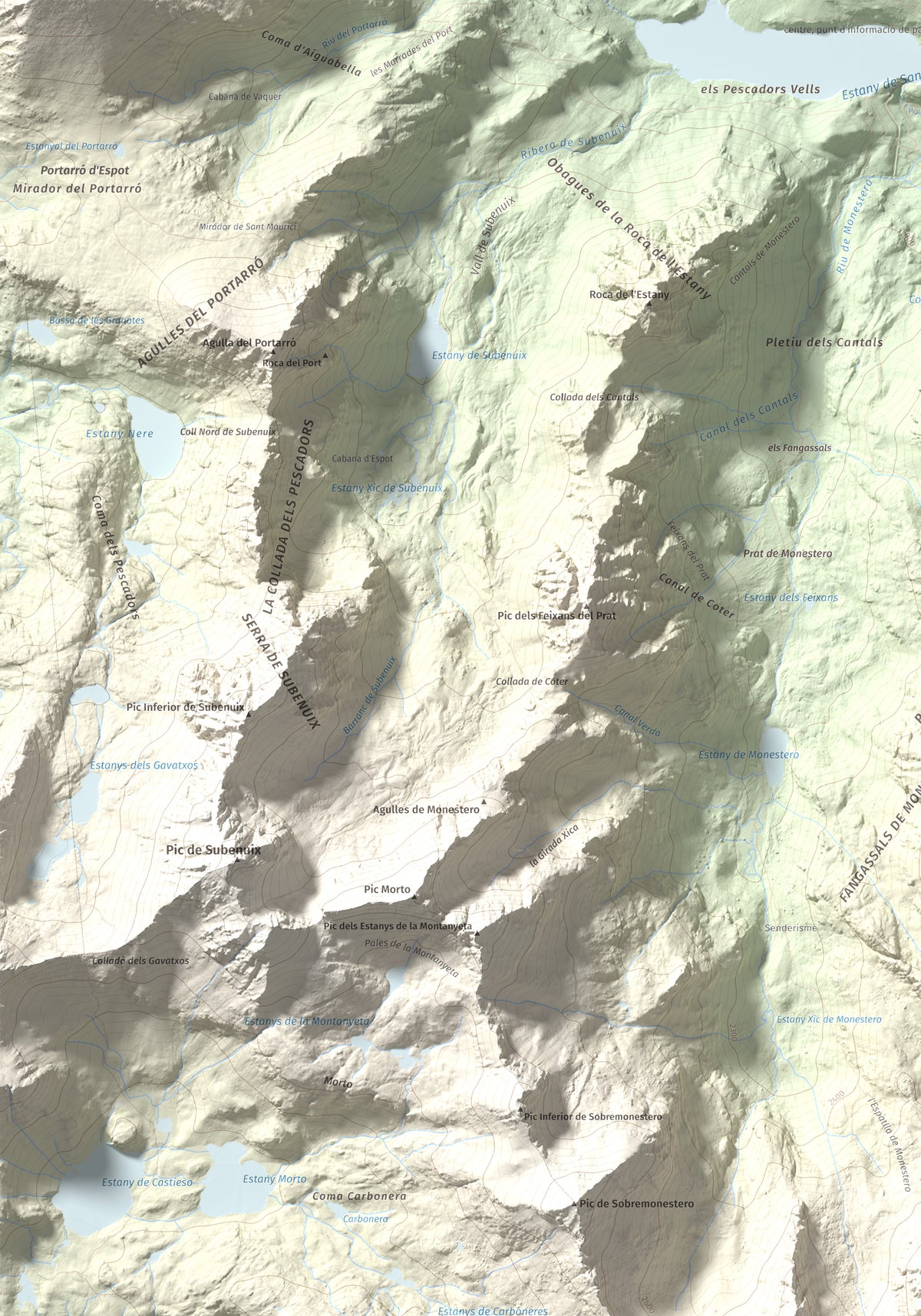 Mapa de relieve de Pic de Peguera, 2983 m, Pallars Jussà · Pallars Sobirà, lámina 100 Cims de Trobart. Detalle de la zona superior izquierda. 70 × 100 cm.