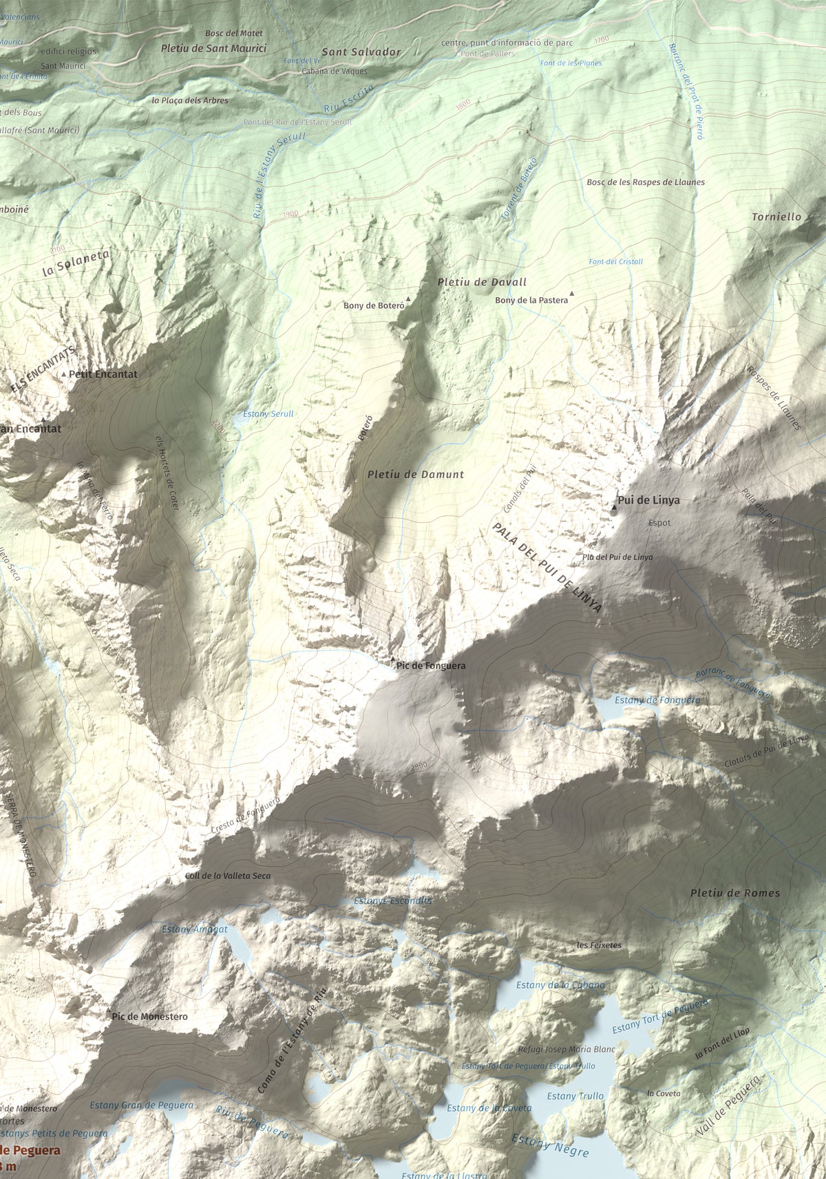 Mapa de relieve de Pic de Peguera, 2983 m, Pallars Jussà · Pallars Sobirà, lámina 100 Cims de Trobart. Detalle de la zona superior derecha. 70 × 100 cm.