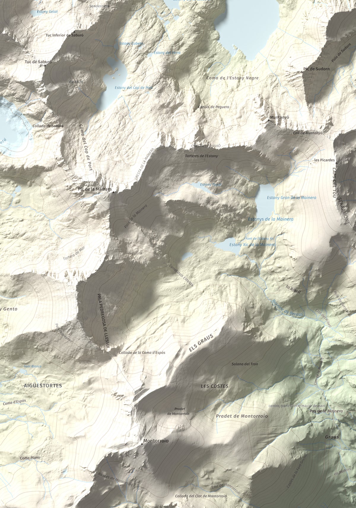 Mapa de relieve de Pic de Peguera, 2983 m, Pallars Jussà · Pallars Sobirà, lámina 100 Cims de Trobart. Detalle de la zona inferior derecha. 70 × 100 cm.