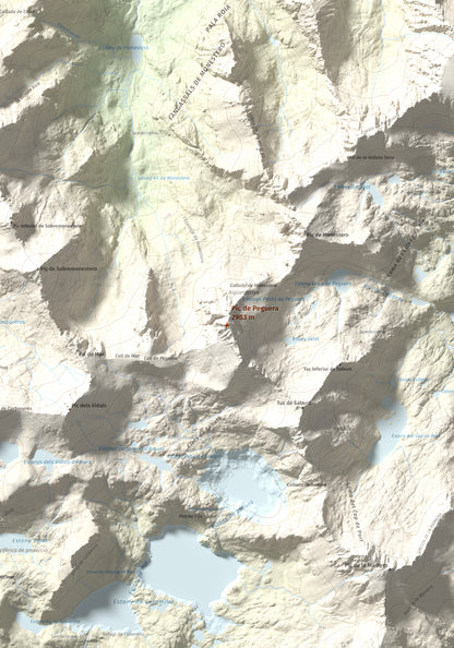 Mapa de relieve de Pic de Peguera, 2983 m, Pallars Jussà · Pallars Sobirà, lámina 100 Cims de Trobart. Detalle de la zona central. 70 × 100 cm.