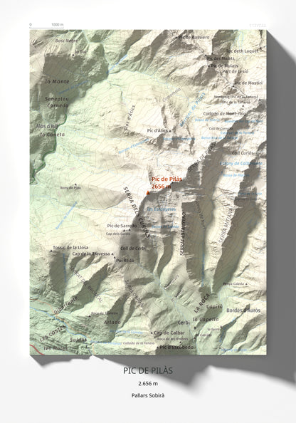 Mapa de relieve de Pic de Pilàs, 2656 m, Pallars Sobirà, lámina 100 Cims de Trobart 21 × 30 cm.