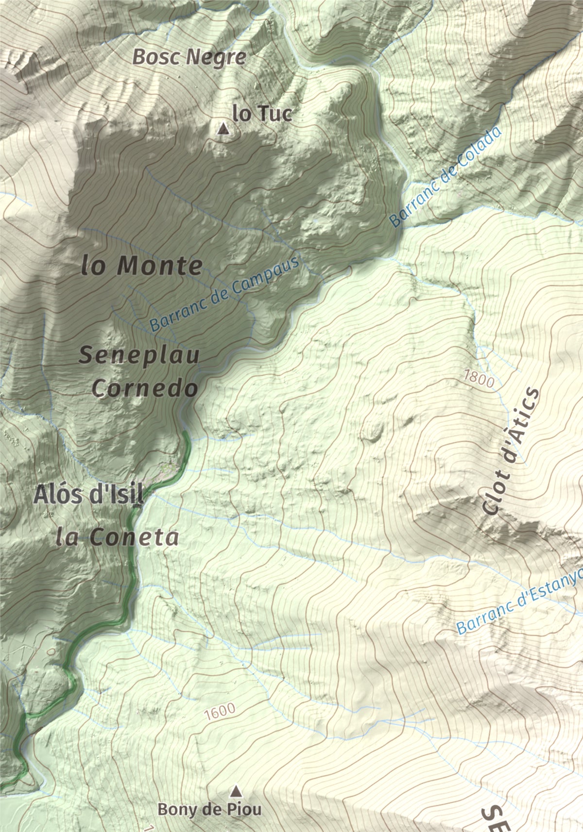 Mapa de relieve de Pic de Pilàs, 2656 m, Pallars Sobirà, lámina 100 Cims de Trobart. Detalle de la zona superior izquierda. 21 × 30 cm.