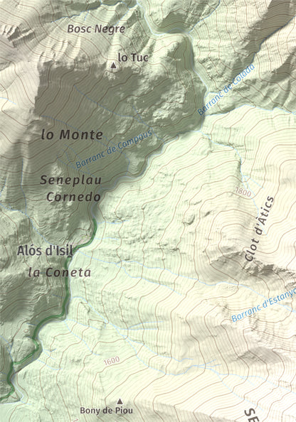 Mapa de relieve de Pic de Pilàs, 2656 m, Pallars Sobirà, lámina 100 Cims de Trobart. Detalle de la zona superior izquierda. 21 × 30 cm.