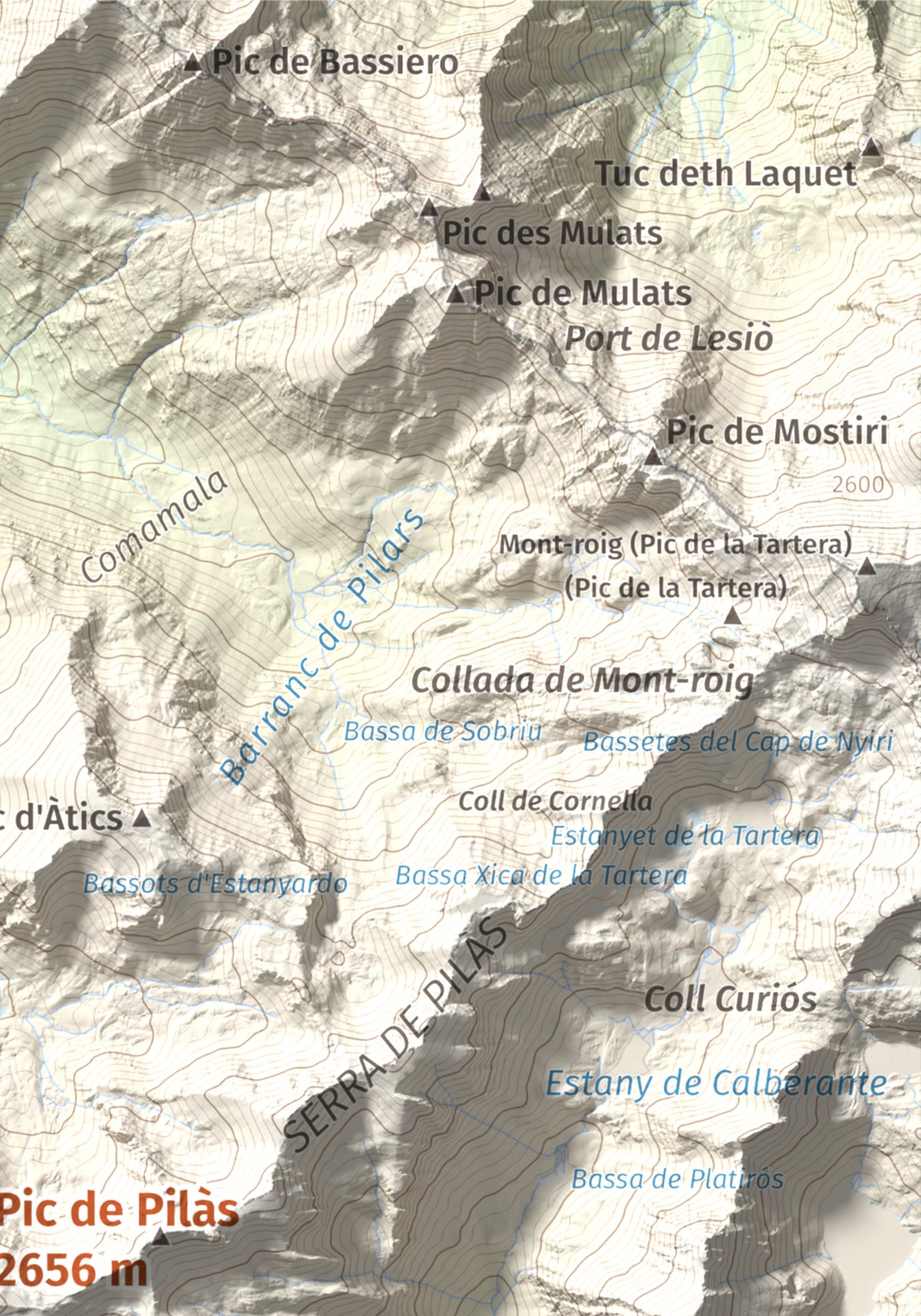Mapa de relieve de Pic de Pilàs, 2656 m, Pallars Sobirà, lámina 100 Cims de Trobart. Detalle de la zona superior derecha. 21 × 30 cm.