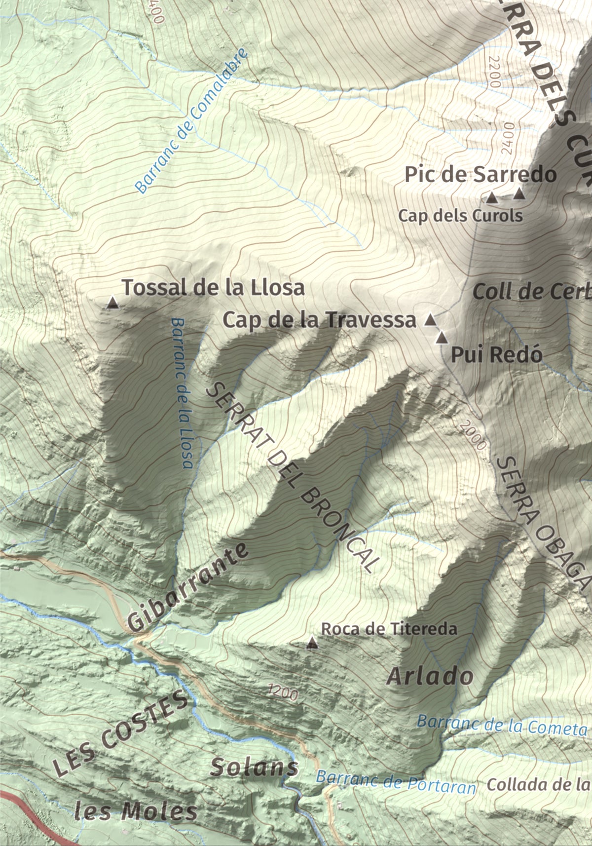 Mapa de relieve de Pic de Pilàs, 2656 m, Pallars Sobirà, lámina 100 Cims de Trobart. Detalle de la zona inferior izquierda. 21 × 30 cm.