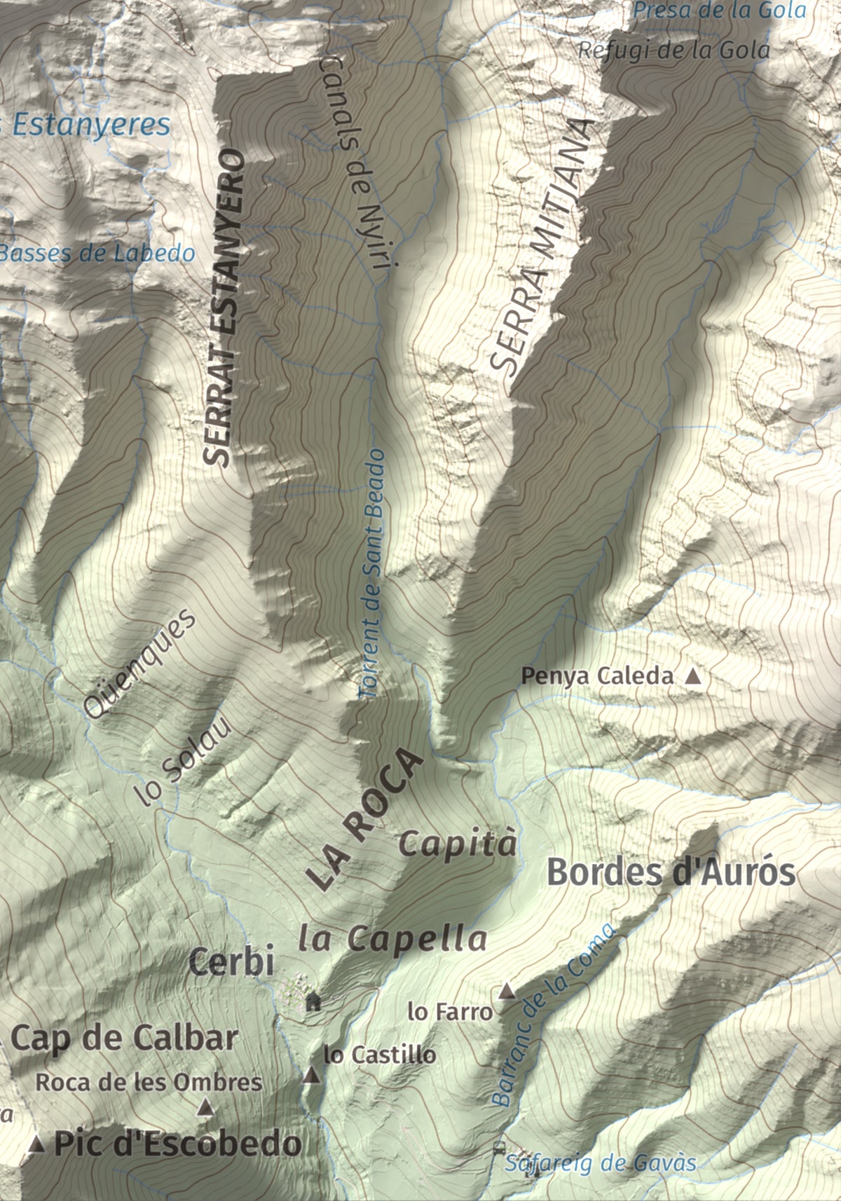 Mapa de relieve de Pic de Pilàs, 2656 m, Pallars Sobirà, lámina 100 Cims de Trobart. Detalle de la zona inferior derecha. 21 × 30 cm.
