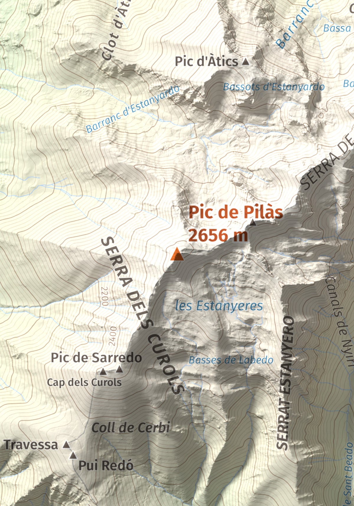 Mapa de relieve de Pic de Pilàs, 2656 m, Pallars Sobirà, lámina 100 Cims de Trobart. Detalle de la zona central. 21 × 30 cm.